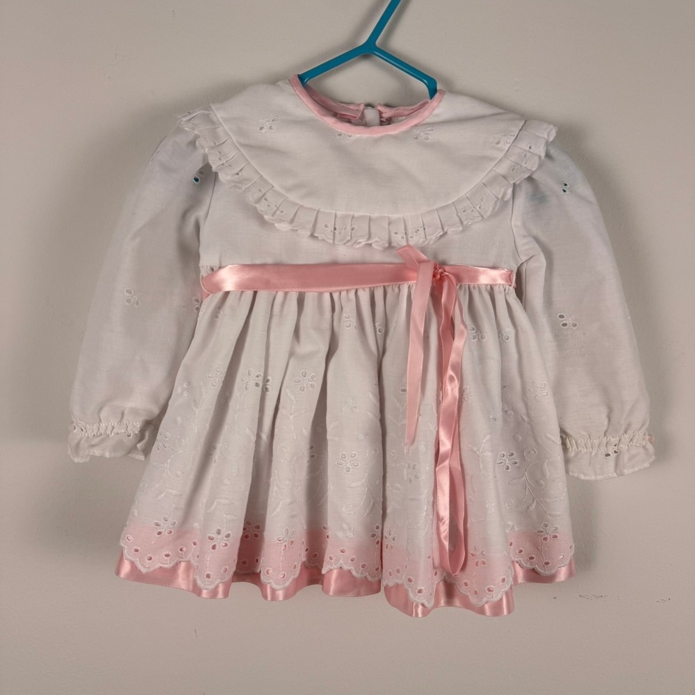 Vintage Baby Girl Eyelet Dress White Pink‎ Satin Ribbon Ruffle Collar 12M 14in